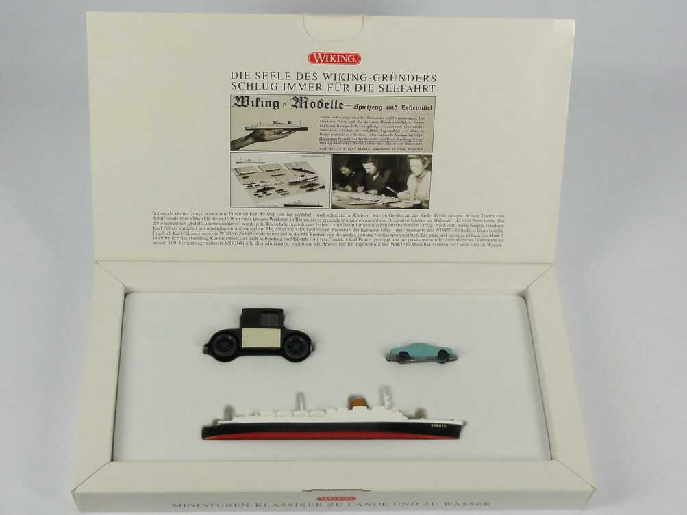 Foto 100 Jahre Peltzer III - Miniaturenklassiker zu Lande und zu Wasser (1:40 Hanomag Kommissbrot + 1:90 Karmann Ghia unverglast + 1:1250 Passagierschiff Bremen) Wiking 99034