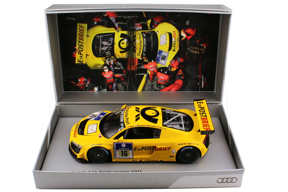 Foto 1:18 Audi R8 LMS 24 Stundenrennen Nürburgring 2011 Abt, E-PostBrief Nr.16, Ekström / Scheider / Werner / Abt Werbemodell --NEUER-- Spark 5021118435