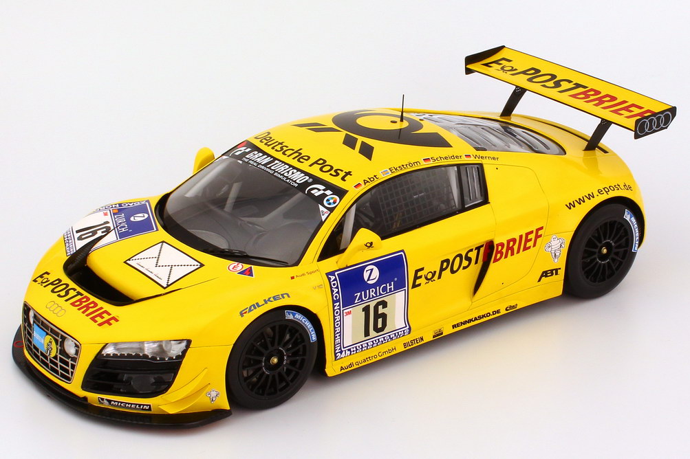 Foto 1:18 Audi R8 LMS 24 Stundenrennen Nürburgring 2011 Abt, E-PostBrief Nr.16, Ekström / Scheider / Werner / Abt Werbemodell --NEUER-- Spark 5021118435