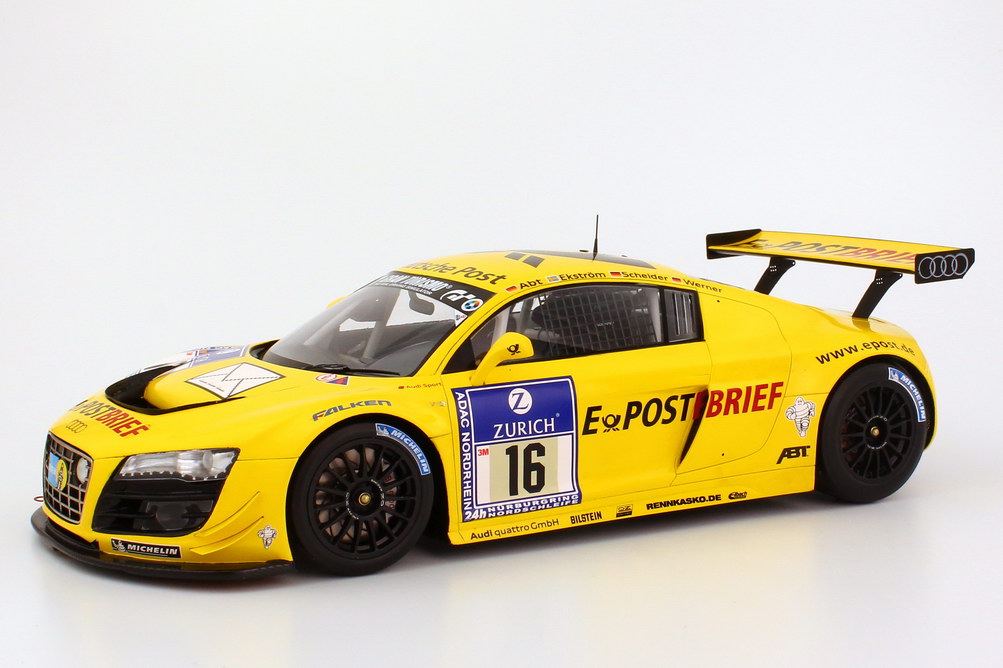 Foto 1:18 Audi R8 LMS 24 Stundenrennen Nürburgring 2011 Abt, E-PostBrief Nr.16, Ekström / Scheider / Werner / Abt Werbemodell --NEUER-- Spark 5021118435