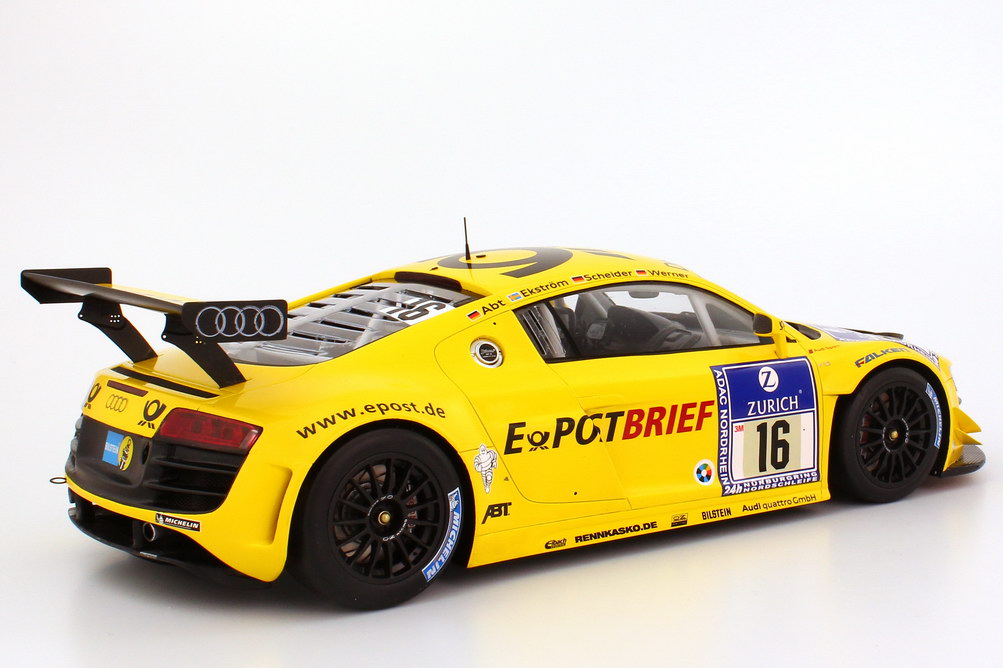 Foto 1:18 Audi R8 LMS 24 Stundenrennen Nürburgring 2011 Abt, E-PostBrief Nr.16, Ekström / Scheider / Werner / Abt Werbemodell --NEUER-- Spark 5021118435