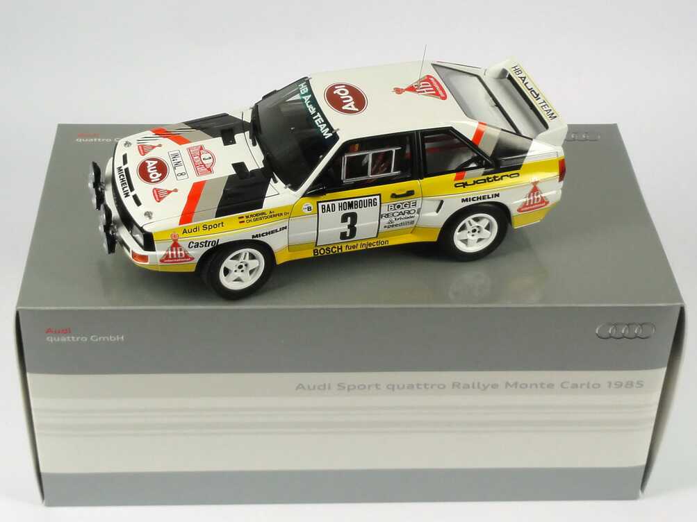 Foto 1:18 Audi Sport quattro Rallye Monte Carlo 1985 HB Audi Team Nr.3, Röhrl / Geistdörfer Werbemodell AUTOart 5031000105