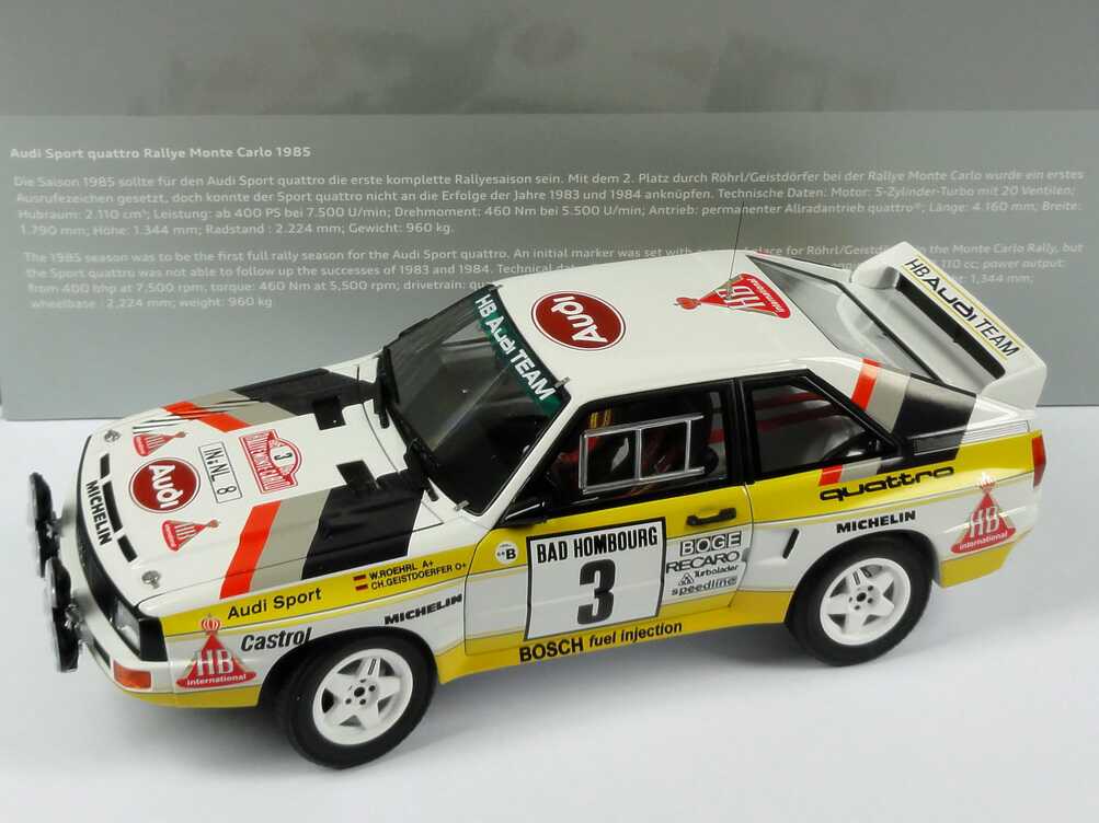 Foto 1:18 Audi Sport quattro Rallye Monte Carlo 1985 HB Audi Team Nr.3, Röhrl / Geistdörfer Werbemodell AUTOart 5031000105