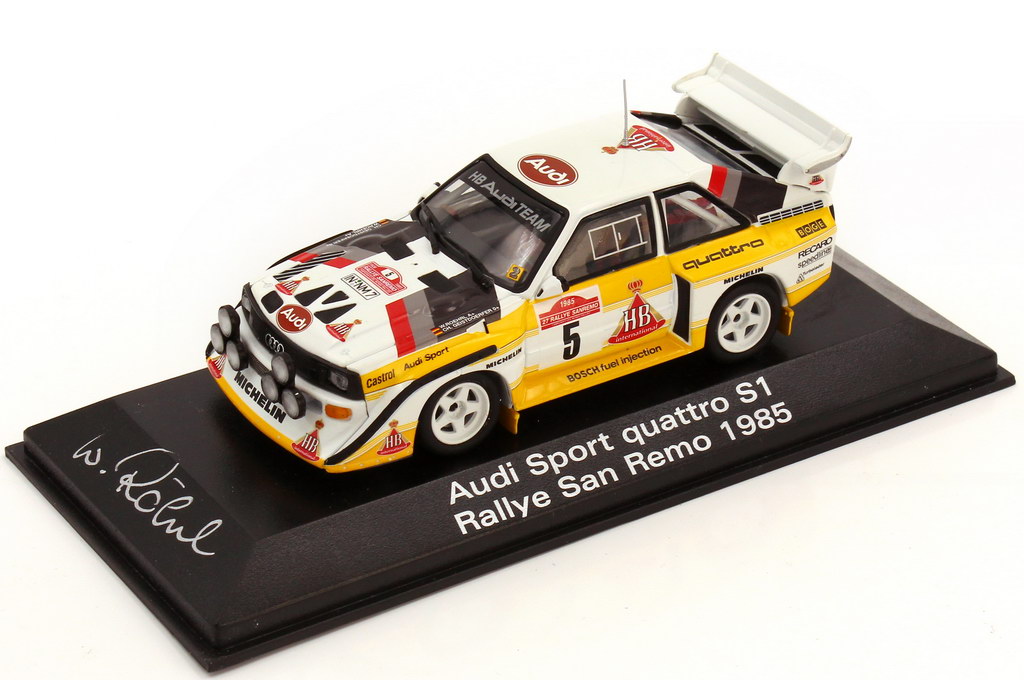 Foto 1:43 Audi Sport quattro S1 Rallye San Remo 1985 Nr.5 Röhrl Geistdörfer - Werbemodell signiert - Minichamps 5030500803