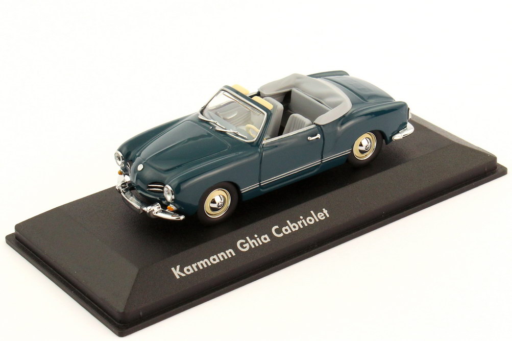 Foto 1:43 VW Karmann-Ghia Typ 14 Cabrio seeblau - graue Verpackung - Werbemodell - Minichamps 000099300032