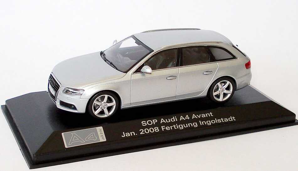 Foto 1:43 Audi A4 Avant (B8) eissilber-met. SOP Audi A4 Avant Jan. 2008 Fertigung Ingolstadt Werbemodell Minichamps 5010804223
