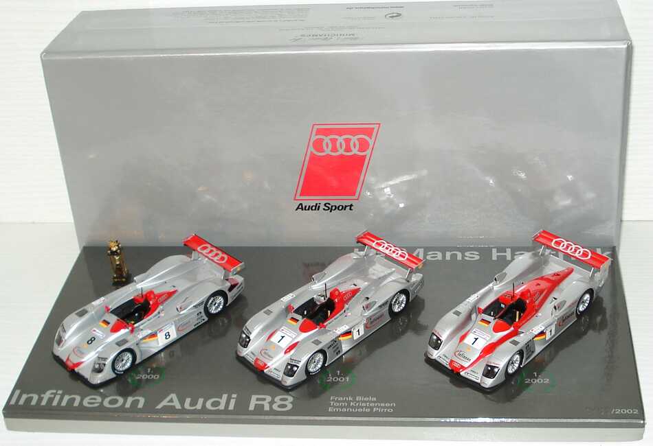 Foto 1:43 Audi R8 24h von Le Mans Siegerfahrzeuge 2000-2002 (3x Audi R8) Werbemodell Minichamps 50202006030
