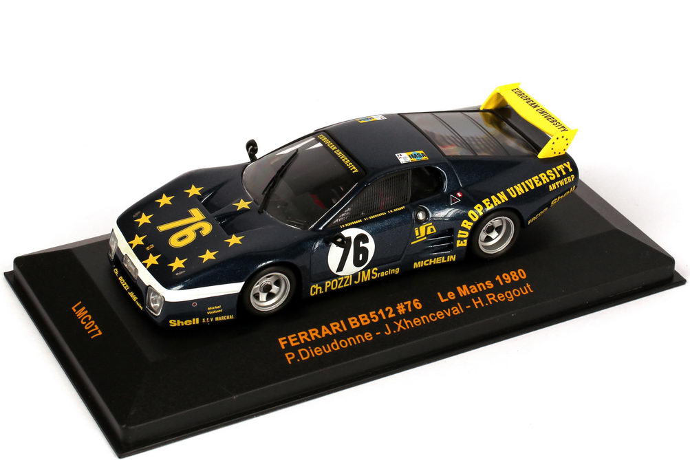 Foto 1:43 Ferrari 512BB Le Mans 24h von Le Mans 1980 JMS Racing, European University Nr.76, Dieudonne / Xhenceval / Regout Ixo LMC077