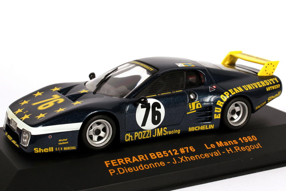 Foto 1:43 Ferrari 512BB Le Mans 24h von Le Mans 1980 JMS Racing, European University Nr.76, Dieudonne / Xhenceval / Regout Ixo LMC077