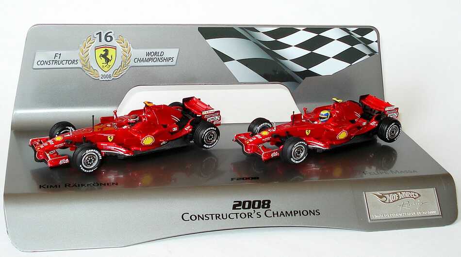 Foto 1:43 Ferrari F2008 Formel 1 2008 Constructor´s Champions (Ferrari F2008 Nr.1Kimi Räikkönen + Nr.2 Felipe Massa) HotWheels L8784