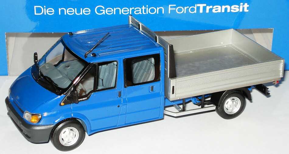 Foto 1:43 Ford Transit 2000 Doka Pritsche blau/silber Werbemodell Minichamps