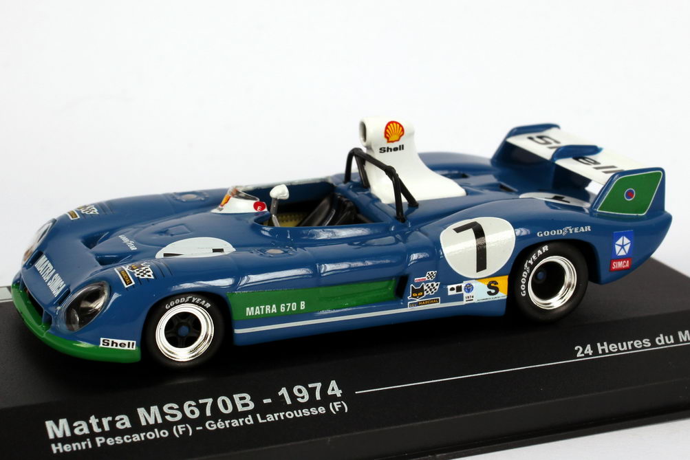 Foto 1:43 Matra Simca MS 670B 24h von Le Mans 1974 Shell Nr.7, H. Pescarolo / G. Larrousse (Sieger) Ixo 87LM74