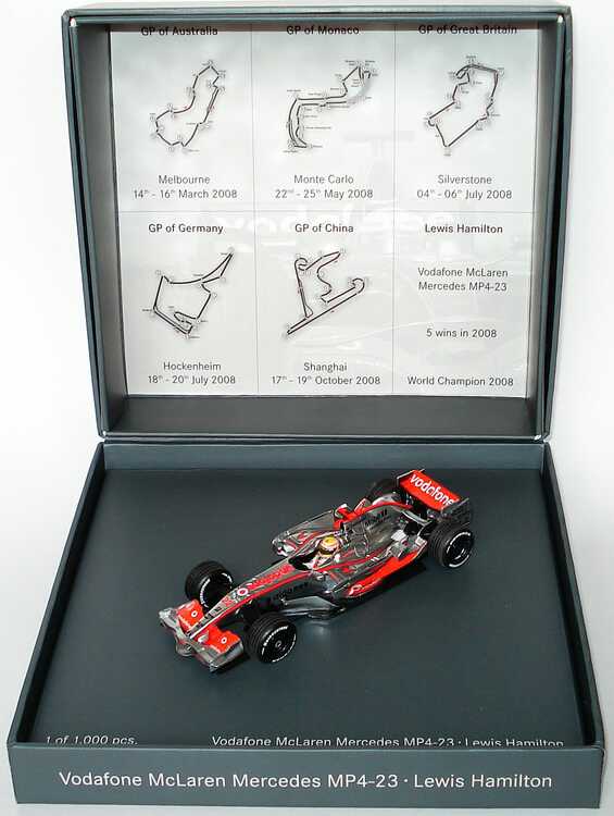 Foto 1:43 McLaren Mercedes MP 4-23 Formel 1 2008 Vodafone Nr.22, Lewis Hamilton (World Champion in Sammlerbox)Werbemodell Minichamps B66962422