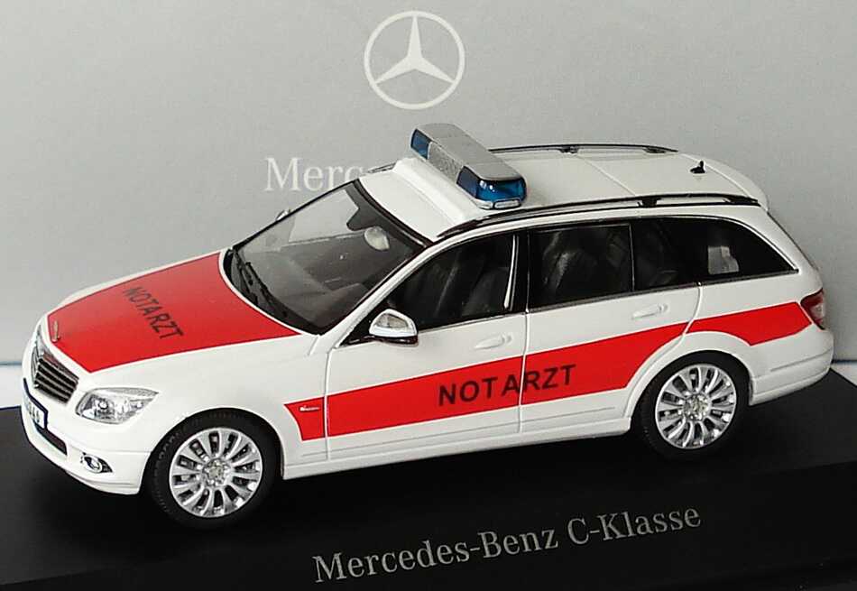 Foto 1:43 Mercedes-Benz C-Klasse T-Modell Elegance (S204) NEF Notarzt weiß/rot Werbemodell Schuco B66960330