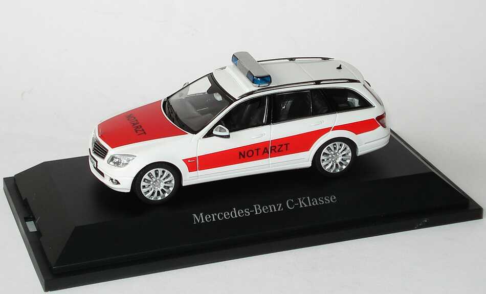 Foto 1:43 Mercedes-Benz C-Klasse T-Modell Elegance (S204) NEF Notarzt weiß/rot Werbemodell Schuco B66960330