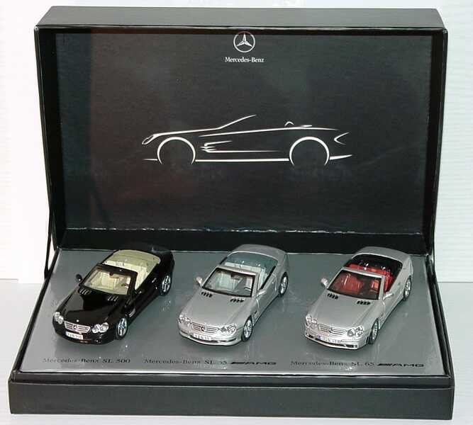 Foto 1:43 Mercedes-Benz Der Mythos SL (SL 500 schwarz + SL 55 AMG silber-met. + SL 65 AMG silber-met. mit funktionalen Variodächern) Werbemodell Norev B66962235