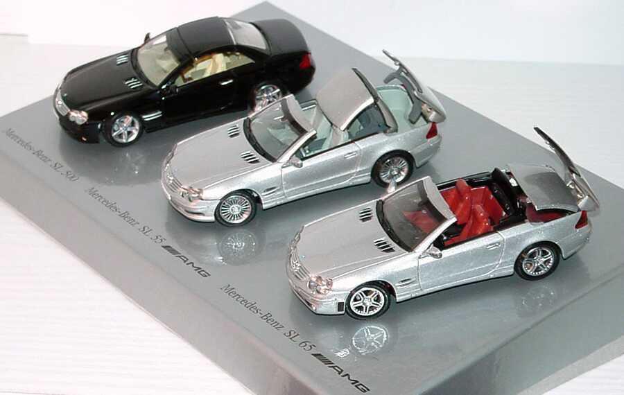 Foto 1:43 Mercedes-Benz Der Mythos SL (SL 500 schwarz + SL 55 AMG silber-met. + SL 65 AMG silber-met. mit funktionalen Variodächern) Werbemodell Norev B66962235