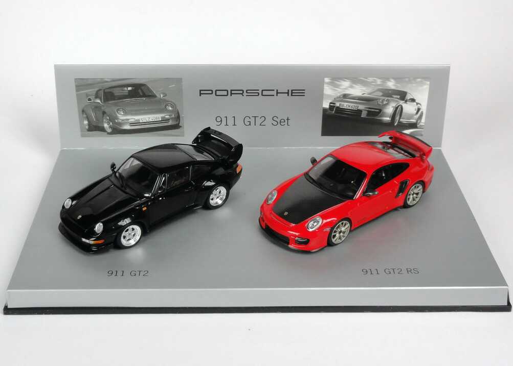 Foto 1:43 Porsche 911 GT2 Set (911 GT2 1995 schwarz + 911 GT2 RS 2010 indischrot) Werbemodell Minichamps WAP020SET27