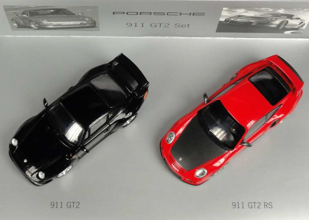Foto 1:43 Porsche 911 GT2 Set (911 GT2 1995 schwarz + 911 GT2 RS 2010 indischrot) Werbemodell Minichamps WAP020SET27