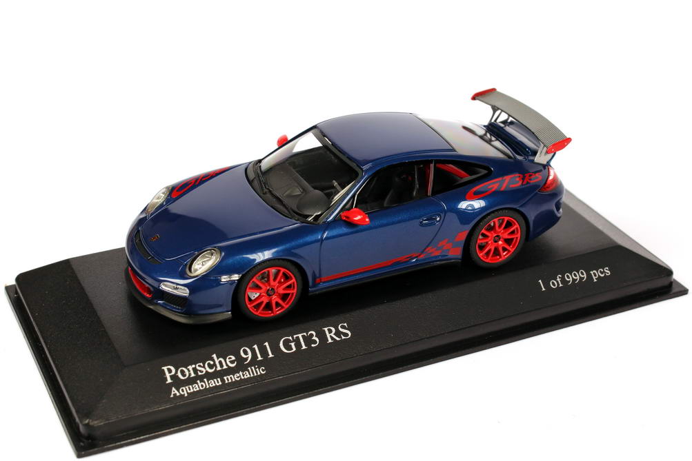 Foto 1:43 Porsche 911 GT3 RS (997 II, Modell 2010) aquablau-met./indischrot Minichamps 703069105