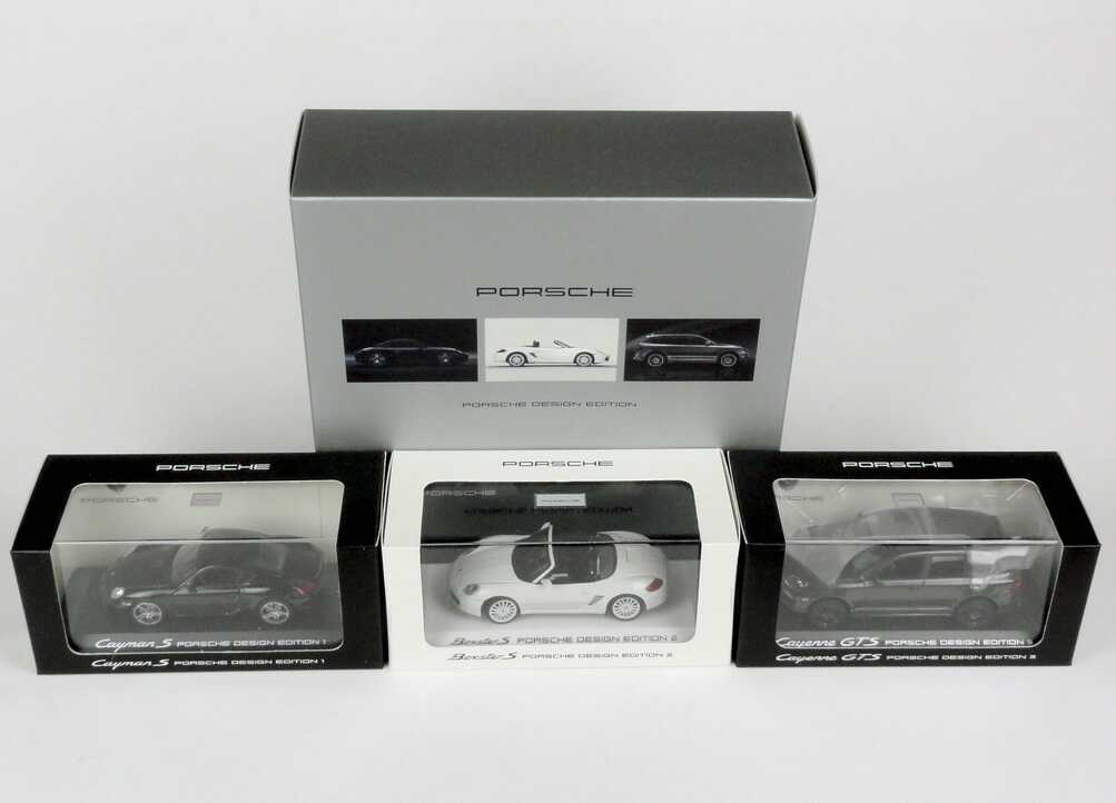 Foto 1:43 Porsche Design Edition (Cayman S schwarz + Boxster S weiß + Cayenne GTS graumet.) Werbemodell WAP020SET26