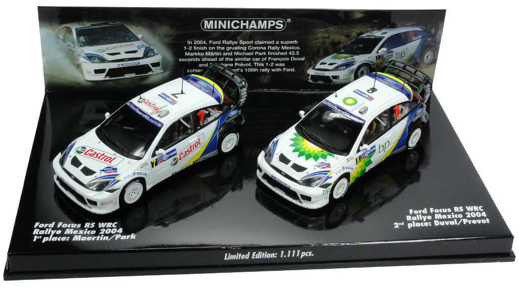 Foto 1:43 Rallye Mexico 2004 Siegerset (Ford Focus RS WRC Nr.7, Märtin / Park + Ford Focus RS WRC Nr.8, Duval / Premot) Minichamps 402048378
