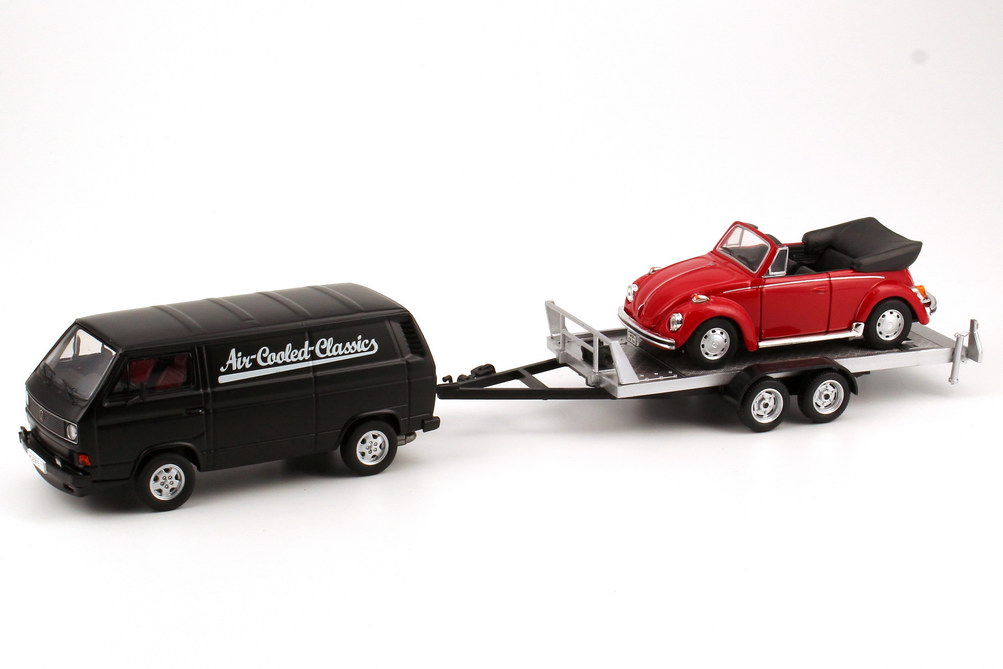 Foto 1:43 VW T3 Kasten Air-Cooled-Classics  mit Transportanhänger und VW Käfer Cabrio rot Premium ClassiXXs 11408