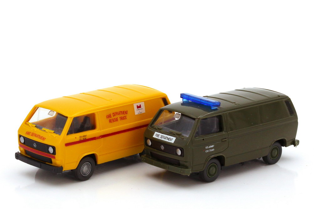 Foto 1:87 Set-Packung 2x VW T3 Kasten US Army Fire Department - gelb + olivgrün - Roco Minitanks 810