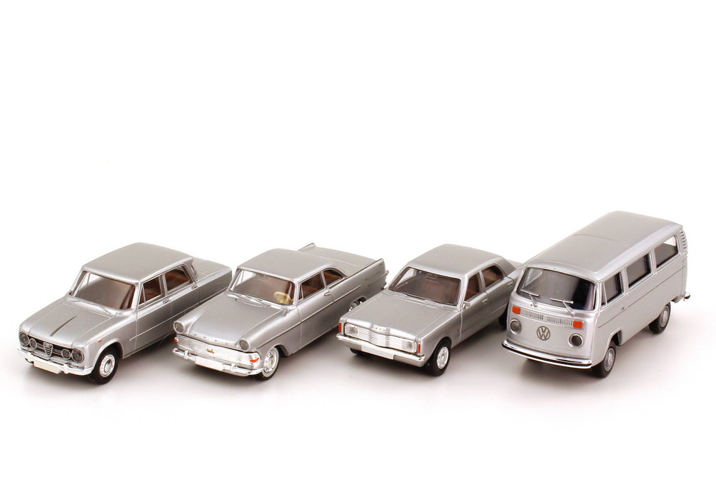 Foto 1:87 Set-Packung 25 Jahre Brekina Automodelle (Alfa Romeo Giulia + Opel Rekord PII Coupé + Ford Taunus XL + VW T2 Bus silber-met.) Brekina 90399