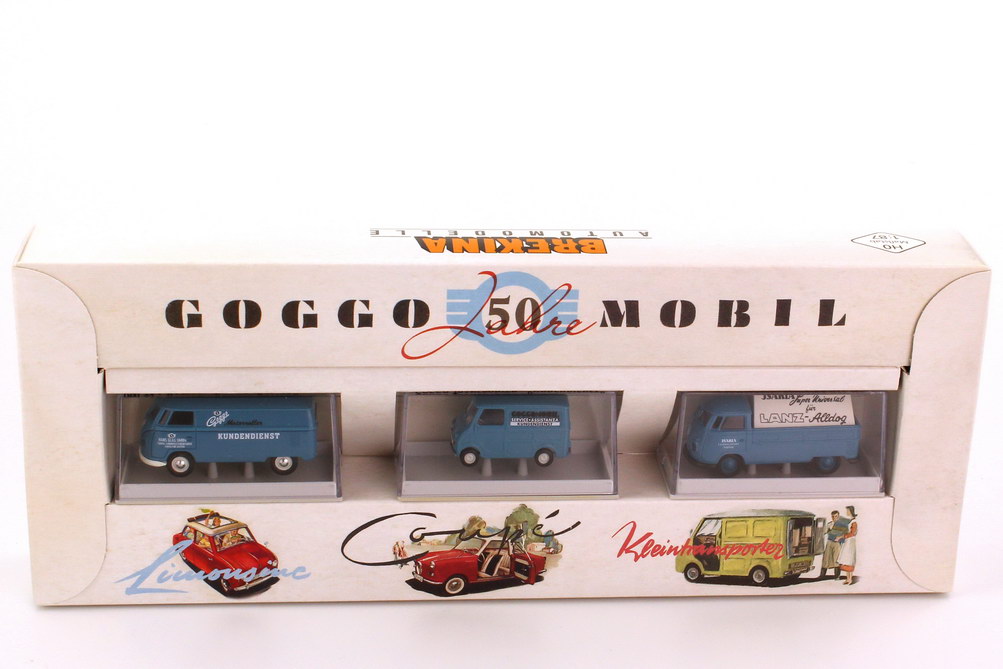 Foto 1:87 Set-Packung 50 Jahre Goggo-Mobil (VW T1 Kundendienst + VW T1 Isara-Reklame + Goggo Transporter Vorführfahrzeug) Brekina 90393