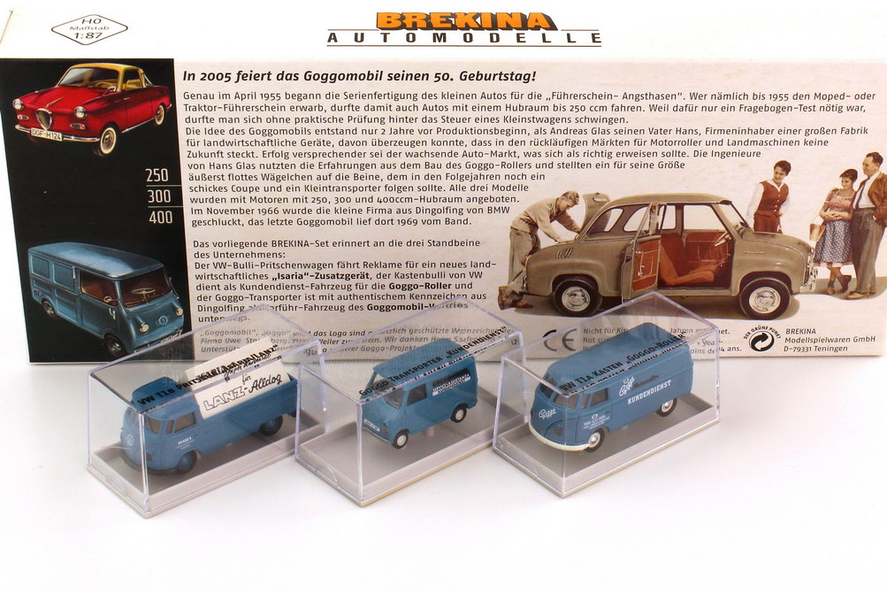 Foto 1:87 Set-Packung 50 Jahre Goggo-Mobil (VW T1 Kundendienst + VW T1 Isara-Reklame + Goggo Transporter Vorführfahrzeug) Brekina 90393