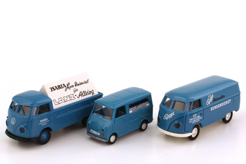 Foto 1:87 Set-Packung 50 Jahre Goggo-Mobil (VW T1 Kundendienst + VW T1 Isara-Reklame + Goggo Transporter Vorführfahrzeug) Brekina 90393