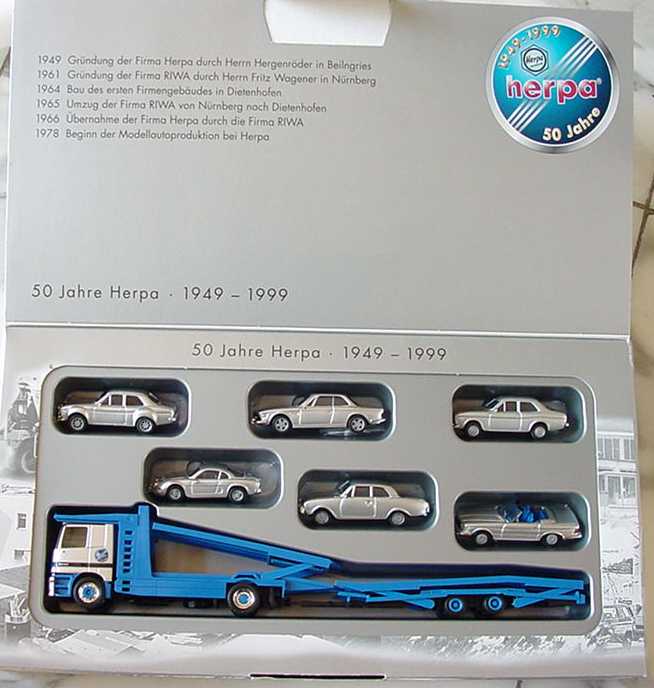 Foto 1:87 50 Jahre Herpa - 1949-1999 (MB Actros Autotransporter + Ford Escort RS + BMW 3.0 CSi + Ford Escort + Renault A110 + Ford Taunus + MB 280 SL) herpa 188548