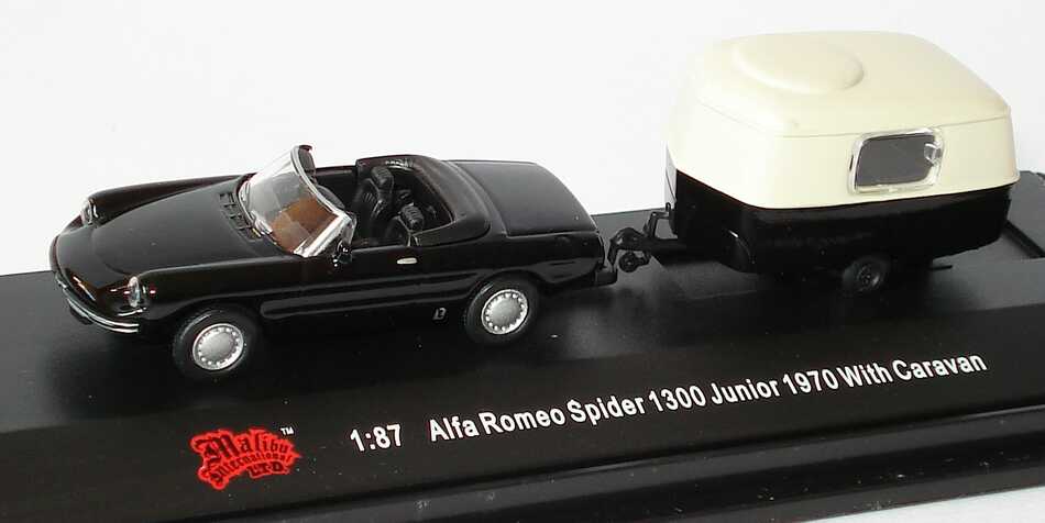 Foto 1:87 Alfa Romeo Spider 1300 Junior schwarz mit Wohnwagen Malibu International 06000