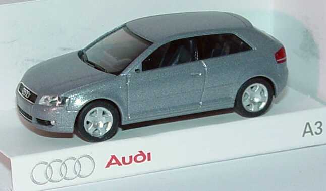 Foto 1:87 Audi A3 Facelift 2003 3türig akoyasilber-met. Werbemodell (in Faltschachtel) herpa