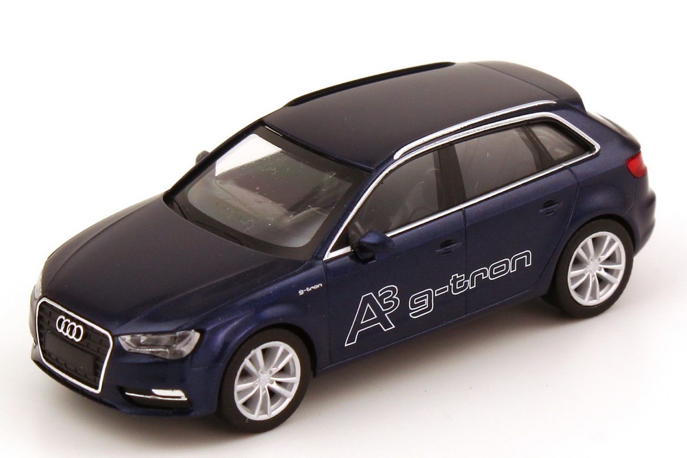 Foto 1:87 Audi A3 Sportback g-tron (8V) 2013 estoril-blau-met. Werbemodell herpa 5011303032