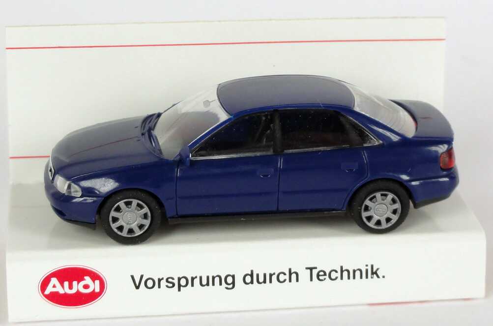 Foto 1:87 Audi A4 (B5) dunkelblau Werbemodell  Verpackungsaufdruck Vorsprung durch Technik Rietze