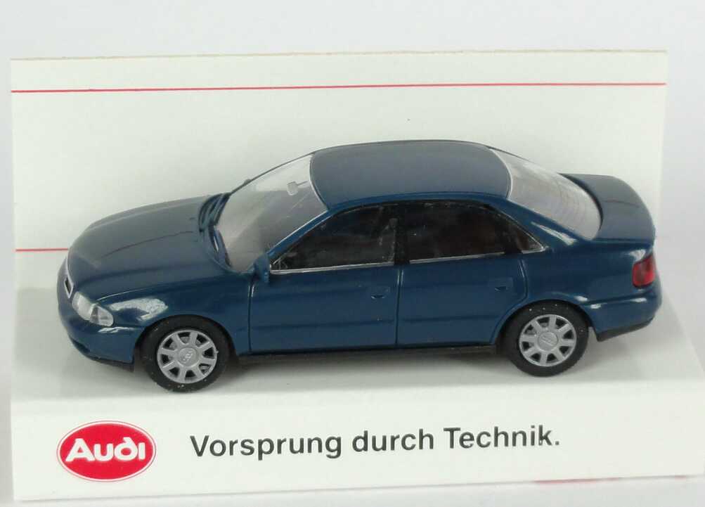 Foto 1:87 Audi A4 (B5) dunkelpetrolblau Werbemodell  Verpackungsaufdruck Vorsprung durch Technik Rietze