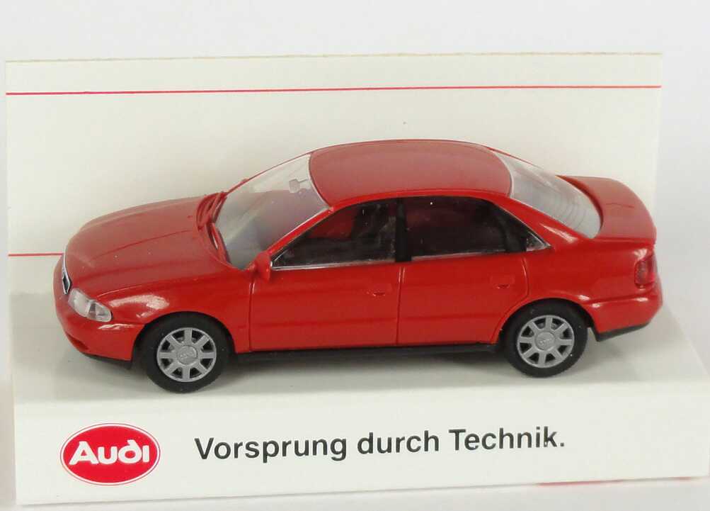 Foto 1:87 Audi A4 (B5) dunkelrot Werbemodell  Verpackungsaufdruck Vorsprung durch Technik Rietze