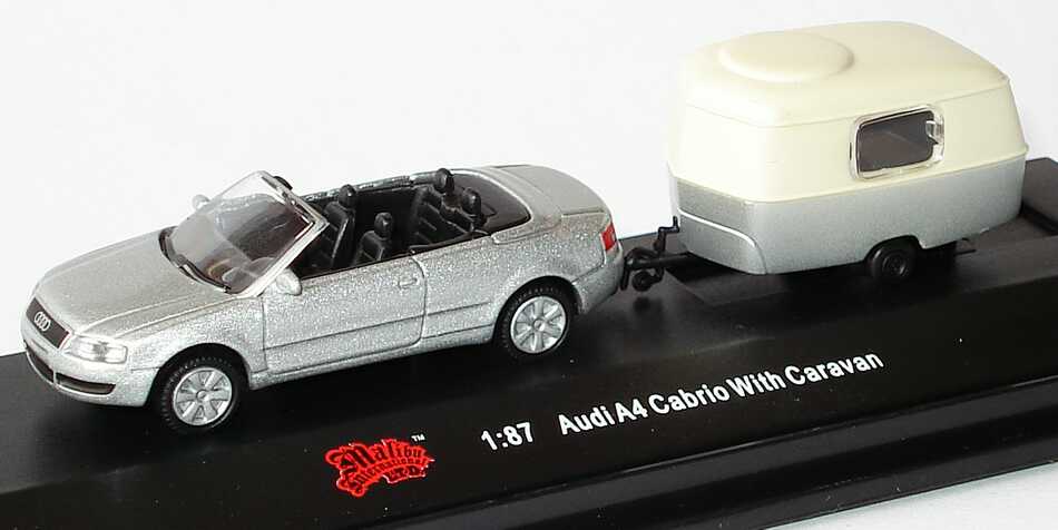 Foto 1:87 Audi A4 Cabrio 3.0 silber-met. mit Wohnwagen Malibu International 06000