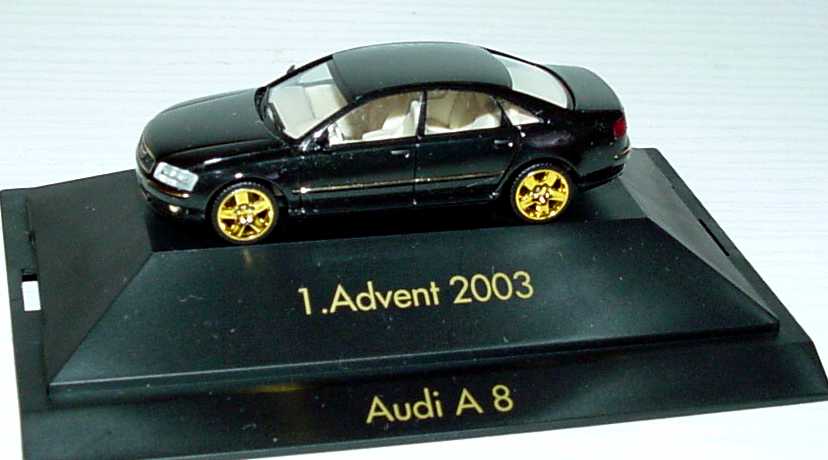 Foto 1:87 Audi A8 Mod. 2003 schwarz/gold 1. Advent 2003 herpa 149495