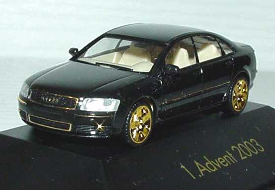 Foto 1:87 Audi A8 Mod. 2003 schwarz/gold 1. Advent 2003 herpa 149495