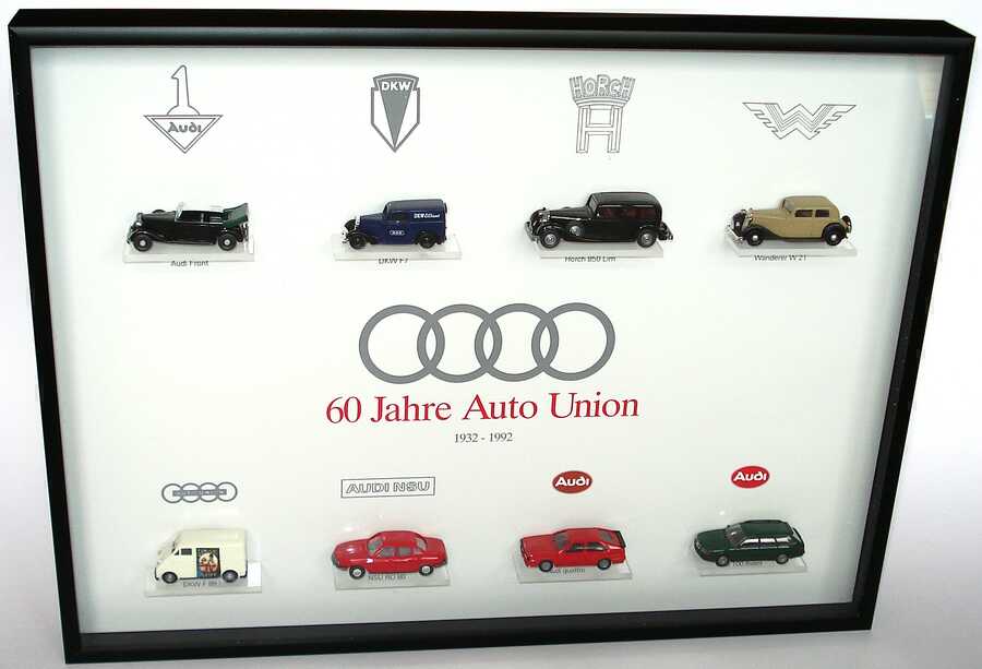Foto 1:87 Audi Set-Packung 60 Jahre Auto Union 1932 - 1992 (Audi Front, DKW F7, Horch 850 Lim., Wanderer W21, DKW F89L, NSU Ro80, Audi quattro, Audi 100 Avant gerahmt)