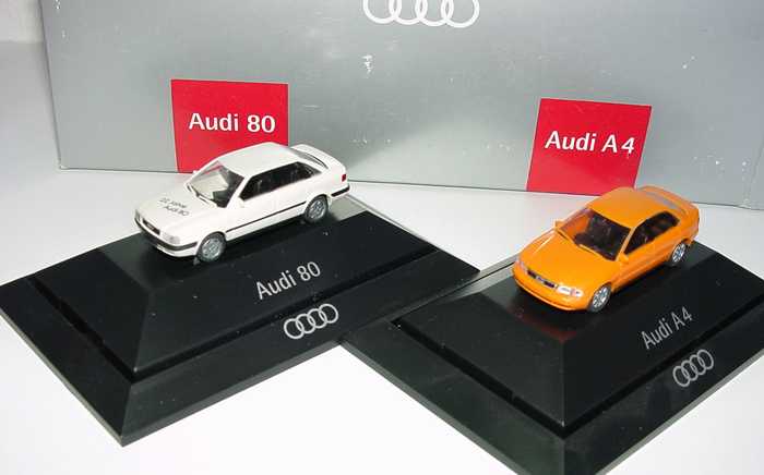 Foto 1:87 Audi Set Mitarbeiter-Infotage 1994 (Audi 80 22 Jahre Audi 80 + Audi A4 orange) Rietze