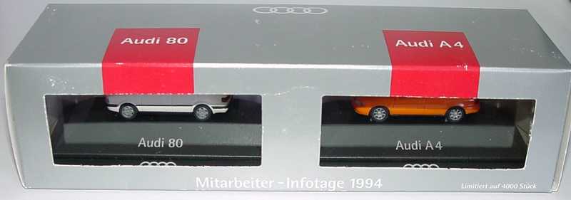 Foto 1:87 Audi Set Mitarbeiter-Infotage 1994 (Audi 80 22 Jahre Audi 80 + Audi A4 orange) Rietze