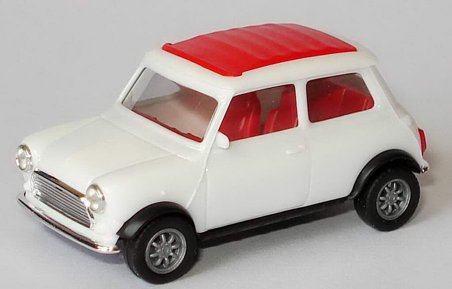 Foto 1:87 Austin Mini Cooper mit Rolldach (geschlossen) weiß, Dach rot herpa 022064/146555
