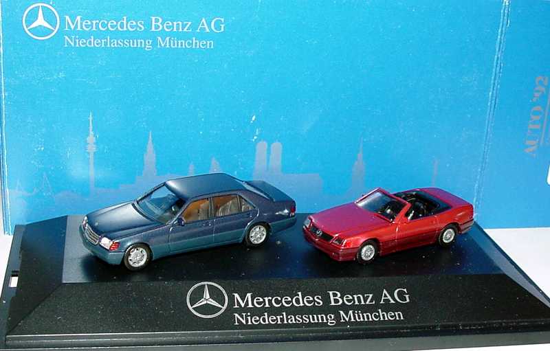 Foto 1:87 Auto ´92, Mercedes-Benz Ndl. München (600SEL blau-met. + 500SL almadinrotmet.) herpa