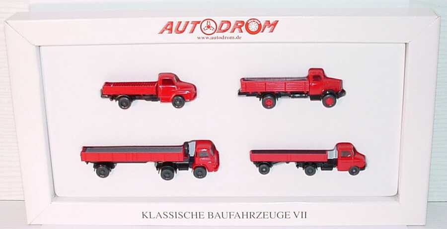 Foto 1:87 Autodrom Klassische Baufahrzeuge VII (Ford FK 2500 Pritsche + Henschel HS 100 Pritsche + Opel + MAN 415 PritschenSzg + Blitz PritschenSzg rot/schwarz) Wiking 99026