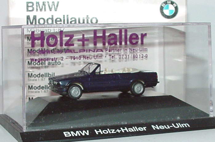 Foto 1:87 BMW 325i Cabrio (E30) dunkelblau-met. BMW Holz+Haller Neu-Ulm Werbemodell herpa