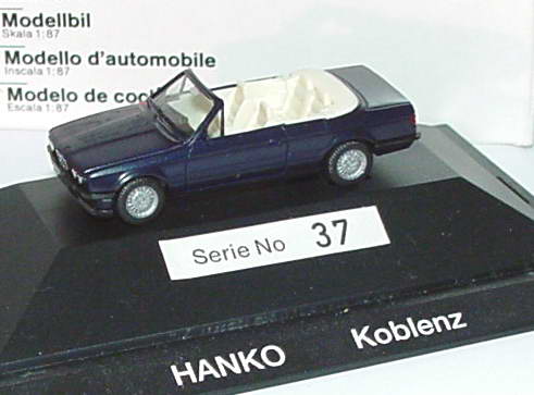 Foto 1:87 BMW 325i Cabrio (E30) dunkelblau-met. Hanko Koblenz Werbemodell herpa